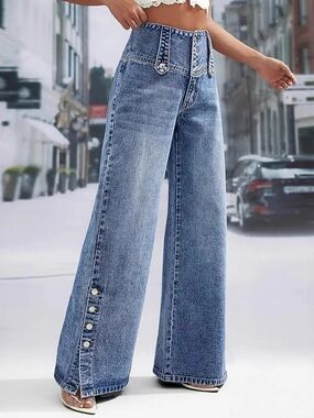 🩵Hello Gorgeous! High-Waist Wide Leg Button-Accent Jeans - Light Blue Denim